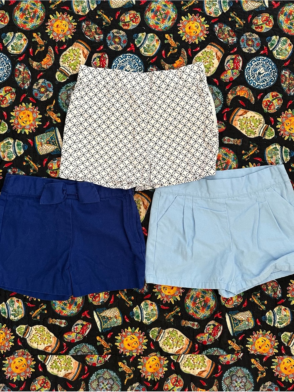 Three-Pack Women’s Cotton Blend Shorts — White Pattern, Navy, Light Blue EUC